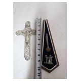 Decorative Silver Cross and Religious Plaque Set