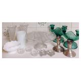 Pair of Vintage Jeanette Petal Swirl Ultramarine and Two Sterling Weighted Candle Sticks