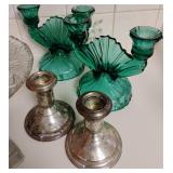 Pair of Vintage Jeanette Petal Swirl Ultramarine and Two Sterling Weighted Candle Sticks