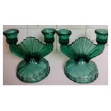 Pair of Vintage Jeanette Petal Swirl Ultramarine and Two Sterling Weighted Candle Sticks