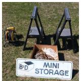 Pair of Plastic Sawhorses, Rope, Shop Light, Metal Sign