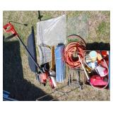 Yard/Garage Lot Black and Decker Corded Edger, Air Hose, funnels, Hedge Trimmer