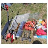 Yard/Garage Lot Black and Decker Corded Edger, Air Hose, funnels, Hedge Trimmer