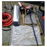 Yard/Garage Lot Black and Decker Corded Edger, Air Hose, funnels, Hedge Trimmer
