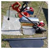 Yard/Garage Lot Black and Decker Corded Edger, Air Hose, funnels, Hedge Trimmer