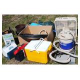 Shop Vac, Box Fan, Vintage Sears Cooler, Garden Hose, Tarp