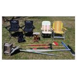 Four Lawn Chairs, Birdhouse, Brooms, Roof Rake