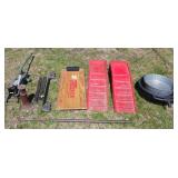 Shop LOT - Car Ramps, Car Jack, Oil Drain Pans, Vintage Screw Jack, Heavy Steel Pry Bar, Mechanics Creeper