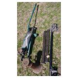 Shop LOT - Car Ramps, Car Jack, Oil Drain Pans, Vintage Screw Jack, Heavy Steel Pry Bar, Mechanics Creeper