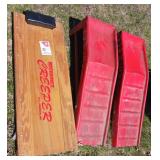 Shop LOT - Car Ramps, Car Jack, Oil Drain Pans, Vintage Screw Jack, Heavy Steel Pry Bar, Mechanics Creeper