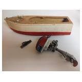 Vintage Electric-Powered Wooden Toy Boat w/ International Models Inc. Outboard Motor DC Powered