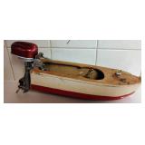 Vintage Electric-Powered Wooden Toy Boat w/ International Models Inc. Outboard Motor DC Powered