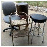 Six Piece LOT - Vintage Wood and Metal Shop Stool, Bar Stool, Metal 2-Step Stool, Footstool, Office Chair