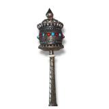 Antique Tibetan Buddhist Prayer Wheel – Silver Metal w/ Coral & Turquoise Stones