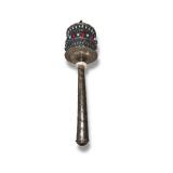 Antique Tibetan Buddhist Prayer Wheel – Silver Metal w/ Coral & Turquoise Stones