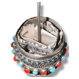 Antique Tibetan Buddhist Prayer Wheel – Silver Metal w/ Coral & Turquoise Stones