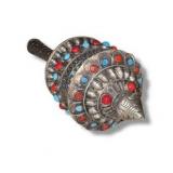 Antique Tibetan Buddhist Prayer Wheel – Silver Metal w/ Coral & Turquoise Stones