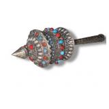 Antique Tibetan Buddhist Prayer Wheel – Silver Metal w/ Coral & Turquoise Stones