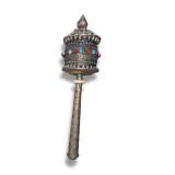 Antique Tibetan Buddhist Prayer Wheel – Silver Metal w/ Coral & Turquoise Stones