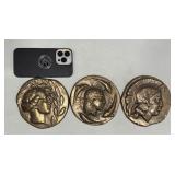 Lot of 3 Heavy Bronze Paperweights – Ancient Coin Style – 3.5” – 5 lbs Each
