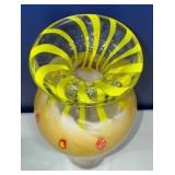 Murano Art Glass Vase Milan Italy Hand Blown Millefiori Yellow Swirl