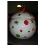 6-teir Shelf, Covered totes (2) with Christmas Content.