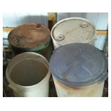 Barrel Cart With (4) Barrels, Rubbermaid Trash can and More.