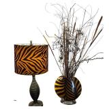 Whimsical Tiger Lamp and Vase with Faux Foliage