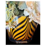 Awesome Two Tiger Head Figurine and Tiger Stripped Vase with Faux Florals