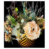 Awesome Two Tiger Head Figurine and Tiger Stripped Vase with Faux Florals