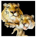 Awesome Two Tiger Head Figurine and Tiger Stripped Vase with Faux Florals