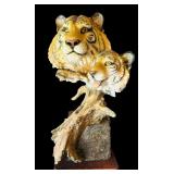 Awesome Two Tiger Head Figurine and Tiger Stripped Vase with Faux Florals