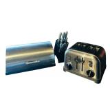 Pretty Silver Tone Kitchen Helpers including Breadbox, Toaster and Knife and Block Set