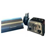 Pretty Silver Tone Kitchen Helpers including Breadbox, Toaster and Knife and Block Set