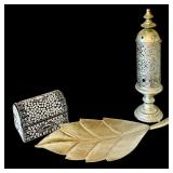 Silver Tone Home Accents including Large Leaf Tray / Wall Hanging, Trinket Box and Lidded Vessel