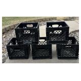 Five Black Plastic Storage Crates