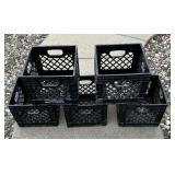 Five Black Plastic Storage Crates