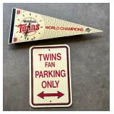 Vintage Minnesota Twins Baseball Pennant Style Clock with Twins Fan Parking Sign