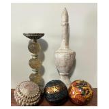 Candle Holder, Finial and Decorative Spheres
