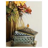 Pretty Home Decor including Metal Vase with Faux Florals, Decorative Candle and Trinket Box
