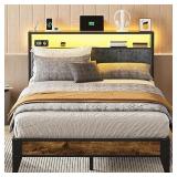 Full Bed Frame with Headboard, Metal Platform Bed Full Size with 2-Tier Storage, LED Light & Charging Station Type C