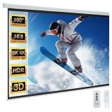 Projector Screen Motorized 100" 16:9, 4K 3D HD Electric Projector Screen Wall Mounted Automatic Ceiling Retractable Drop Down Projection Screen with Remote Movie Screen for Indoor Outdoor Use