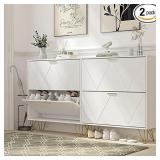 Set Shoe Cabinet with 4 Flip Drawers, White Shoe Storage Cabinet, Slim Wooden Freestanding Shoe Rack, Shoe Organizer with Fluted Panel for Entryway Hallway