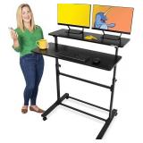 Stand Steady Tranzendesk | Height-Adjustable Mobile Standing Desk with Shelf | Two-Level Portable Workstation for Presentations (Black/40x28in)