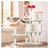 HYABi 56.3in Flower Design Cat Tree, Foldable Multi-Level Tower for Large Cats, Space-Saving Cat Furniture with Scratching Posts, Plush Condo for Indoor Cats