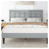 Queen Size Bed Frame with Adjustable Headboard, Upholstered Button Tufted Platform Bedframe with Wood Slats Support, No Box Spring Needed, Light Grey