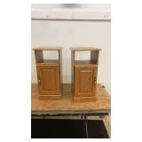 Pair of Oak Wooden Bedside Tables with Open Shelf and Cabinet