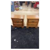 Pair of Oak Wood 2-Drawer Nightstands with Brass Handles