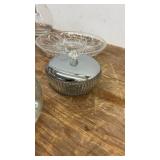 Collection of Glassware Including Bowls, Dishes, and Blue Stemmed Glasses