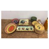 Lot of Colorful Ceramic Plates and Rooster Themed Dishware